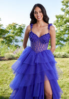 Beaded Three Dimensional Floral Tiered Tulle Prom Dress