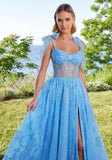 Glitter Patterned Tulle Prom Dress with Sheer Corset Bodice