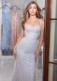 Patterned Beaded Net Cut Out Prom Dress