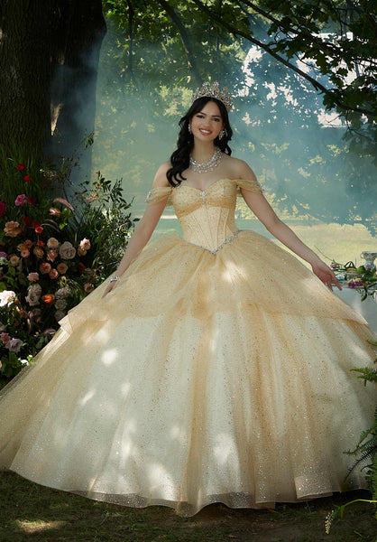 Rhinestone and Patterned Glitter Quinceañera Dress with Skirt Overskirt
