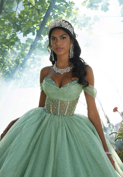 Sheer Corset Quinceañera Dress with Jeweled Beading