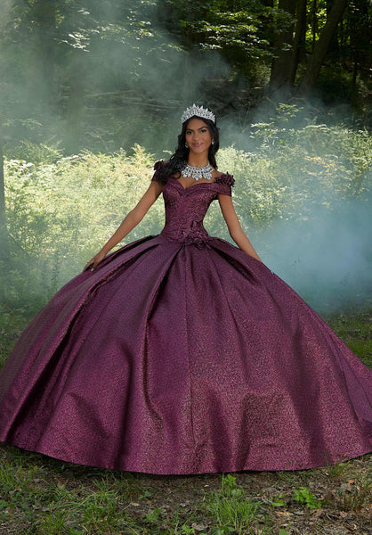Pleated Shimmer Quinceañera Dress with Three-Dimensional Flowers