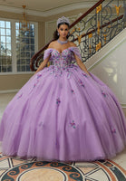 Crystal Beaded Three-Dimensional Floral Embroidered Quinceañera Dress with Sheer Bodice