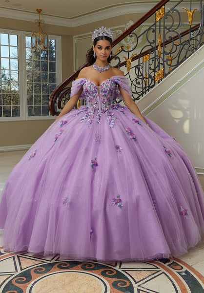 Crystal Beaded Three-Dimensional Floral Embroidered Quinceañera Dress with Sheer Bodice