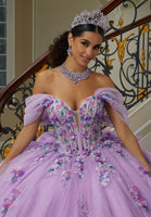 Crystal Beaded Three-Dimensional Floral Embroidered Quinceañera Dress with Sheer Bodice