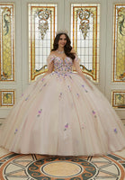 Crystal Beaded Three-Dimensional Floral Embroidered Quinceañera Dress with Sheer Bodice