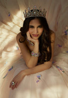 Crystal Beaded Three-Dimensional Floral Embroidered Quinceañera Dress with Sheer Bodice