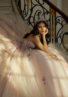 Crystal Beaded Three-Dimensional Floral Embroidered Quinceañera Dress with Sheer Bodice