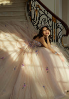 Crystal Beaded Three-Dimensional Floral Embroidered Quinceañera Dress with Sheer Bodice