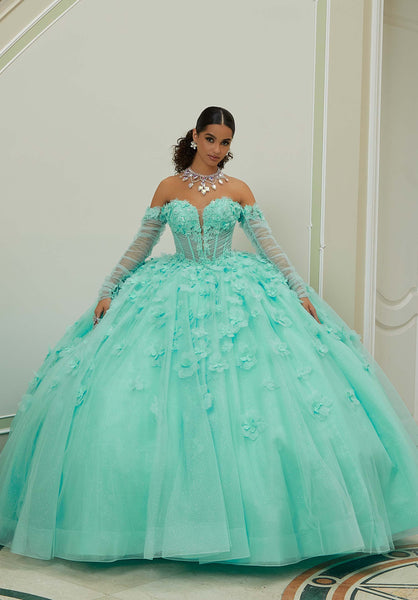 Sparkle Tulle Quinceañera Dress with Three-Dimensional Floral Lace and Long Sleeves