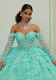 Sparkle Tulle Quinceañera Dress with Three-Dimensional Floral Lace and Long Sleeves