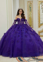 Sparkle Tulle Quinceañera Dress with Three-Dimensional Floral Lace and Long Sleeves