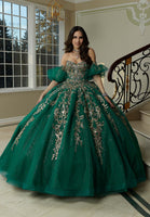 Jewel Beaded and Metallic Embroidered Quinceañera Dress with Petal Train