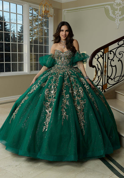 Jewel Beaded and Metallic Embroidered Quinceañera Dress with Petal Train