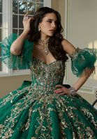 Jewel Beaded and Metallic Embroidered Quinceañera Dress with Petal Train