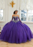 Crystal Beaded Sparkle Tulle Quinceañera Dress with Back Bow and Long Sleeves