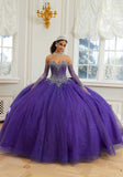 Crystal Beaded Sparkle Tulle Quinceañera Dress with Back Bow and Long Sleeves