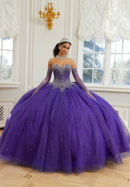 Crystal Beaded Sparkle Tulle Quinceañera Dress with Back Bow and Long Sleeves