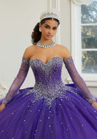Crystal Beaded Sparkle Tulle Quinceañera Dress with Back Bow and Long Sleeves