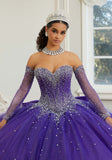 Crystal Beaded Sparkle Tulle Quinceañera Dress with Back Bow and Long Sleeves