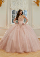 Crystal Beaded Sparkle Tulle Quinceañera Dress with Back Bow and Long Sleeves