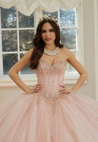 Crystal Beaded Sparkle Tulle Quinceañera Dress with Back Bow and Long Sleeves