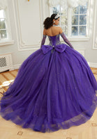 Crystal Beaded Sparkle Tulle Quinceañera Dress with Back Bow and Long Sleeves