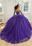 Crystal Beaded Sparkle Tulle Quinceañera Dress with Back Bow and Long Sleeves