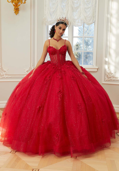 Sparkle Tulle Quinceañera Dress with Sheer Bodice and Three-Dimensional Florals