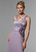 Satin and Chiffon Evening Gown with Three-Dimensional Flowers
