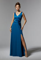 Satin and Chiffon Evening Gown with Three-Dimensional Flowers