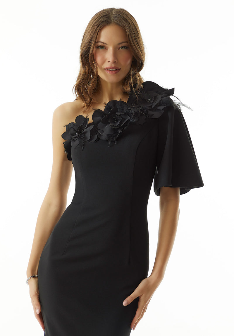 Stretch Crepe Evening Gown with Asymmetric Neckline and 3D Flowers