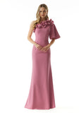 Stretch Crepe Evening Gown with Asymmetric Neckline and 3D Flowers