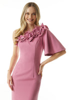 Stretch Crepe Evening Gown with Asymmetric Neckline and 3D Flowers