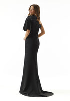 Stretch Crepe Evening Gown with Asymmetric Neckline and 3D Flowers