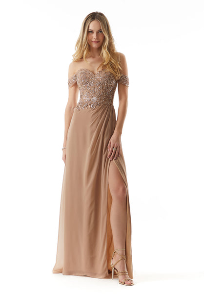 Draped Chiffon Evening Gown with Beaded Embroidery
