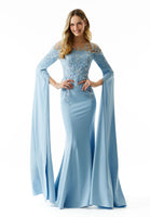 Beaded Embroidered Fit and Flare Evening Gown with Fly Away Sleeves