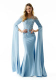 Beaded Embroidered Fit and Flare Evening Gown with Fly Away Sleeves