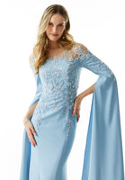 Beaded Embroidered Fit and Flare Evening Gown with Fly Away Sleeves
