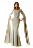 Beaded Embroidered Fit and Flare Evening Gown with Fly Away Sleeves