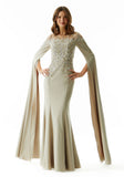 Beaded Embroidered Fit and Flare Evening Gown with Fly Away Sleeves