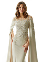 Beaded Embroidered Fit and Flare Evening Gown with Fly Away Sleeves