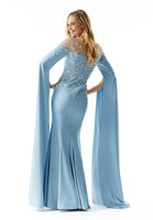 Beaded Embroidered Fit and Flare Evening Gown with Fly Away Sleeves