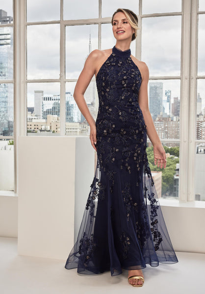 Halter Neck Three Dimensional Floral Embroidered Evening Gown