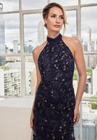 Halter Neck Three Dimensional Floral Embroidered Evening Gown