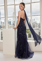 Halter Neck Three Dimensional Floral Embroidered Evening Gown