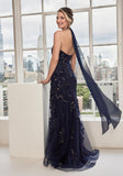 Halter Neck Three Dimensional Floral Embroidered Evening Gown