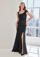 Caviar Patterned Metallic Brocade Evening Gown with Asymmetric Bodice