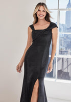 Caviar Patterned Metallic Brocade Evening Gown with Asymmetric Bodice