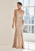 Caviar Patterned Metallic Brocade Evening Gown with Asymmetric Bodice